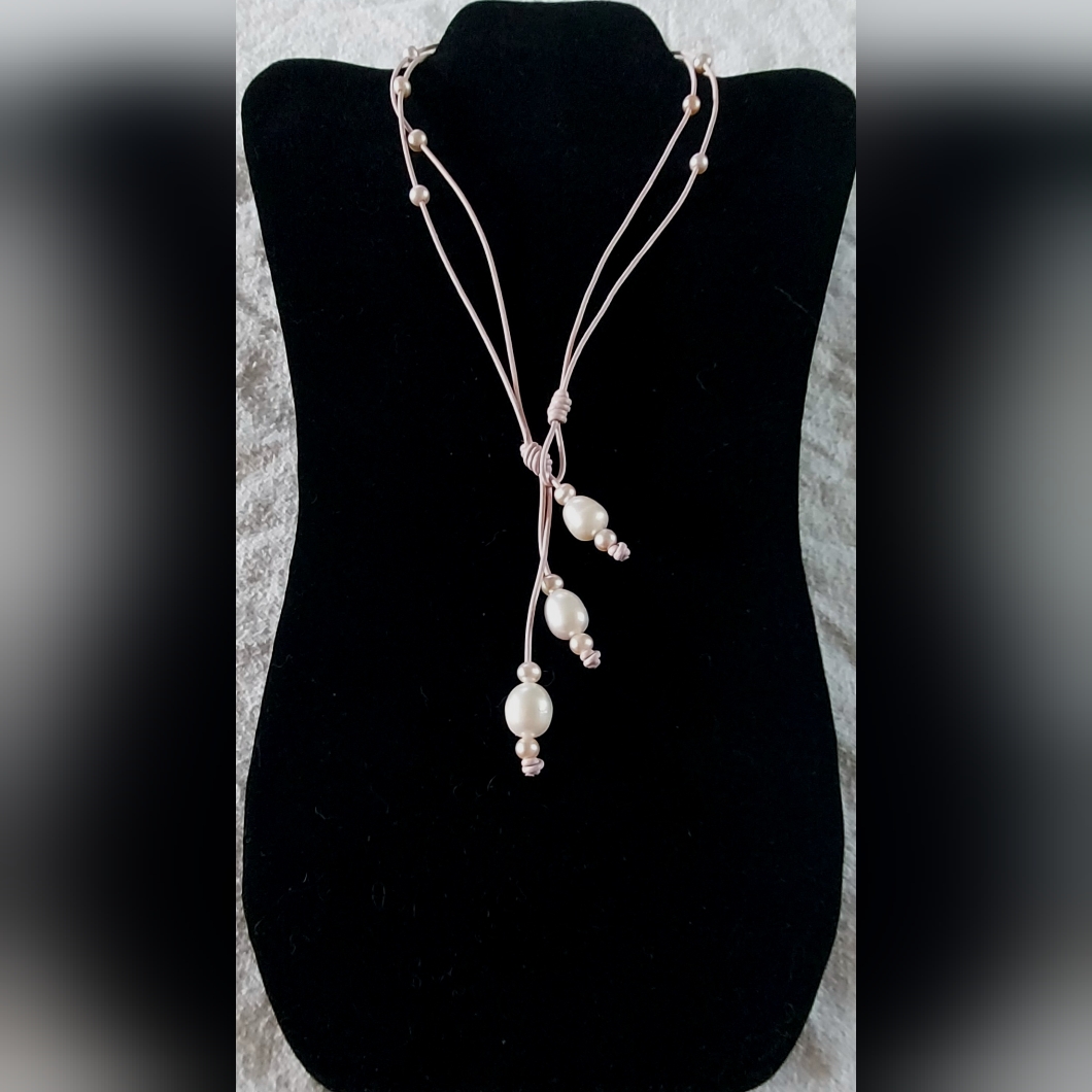 Handmade Lt. Pink Pearl & Lt. Pink Leather 3-Way Necklace